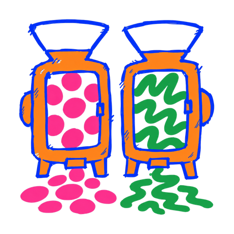 Two machines side by side, each fed a different shape through its hopper — pink circles in one, green squiggles in the other — and each pouring out more of that same shape beneath it.