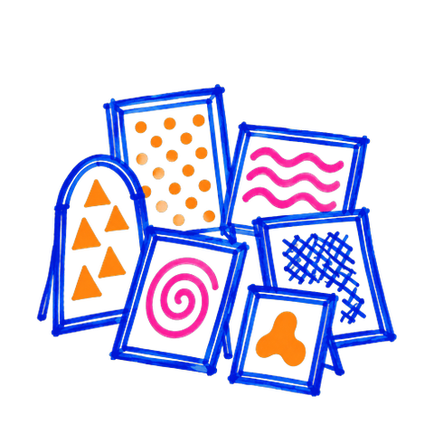 A cluster of mismatched picture frames leaning against each other, each holding a different pattern — orange dots, pink waves, a pink spiral, orange triangles, a blue crosshatch — one brand language per frame.