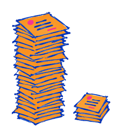 Two stacks of illustrated pages side by side: one towering above a dozen sheets high, the other only three or four sheets tall.