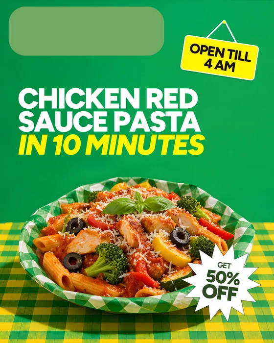 The chicken red sauce pasta SKU recomposed for the 1080×1350 in-feed portrait: penne in a red sauce under basil and olives, on a chequered paper plate, re-anchored in the new frame with the headline re-wrapped and the offer badge re-placed.