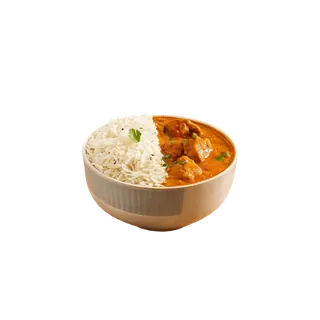 A bowl of chicken tikka masala served with white basmati rice, isolated on a grey background.