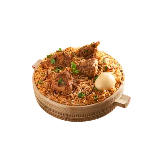 A bowl of chicken biryani garnished with fresh herbs and a boiled egg, isolated on a grey background.