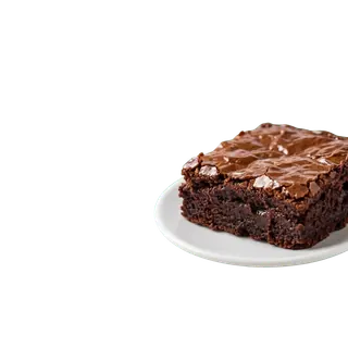 A square chocolate brownie with a shiny, crinkly top is served on a small white plate against a solid grey background.