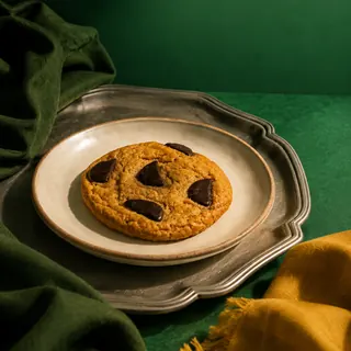A single chocolate chip cookie is served on a plate atop a metal tray, styled with green and yellow fabrics against a green background.