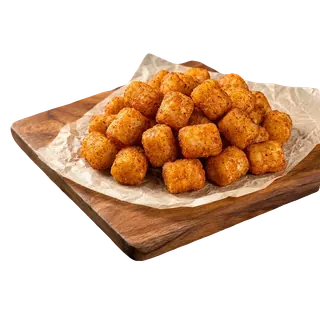 A pile of golden-brown tater tots served on parchment paper over a wooden board, isolated on a grey background.