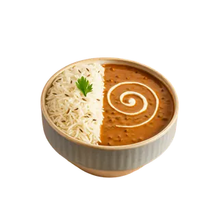 A bowl containing dal makhani with a cream swirl on one side and jeera rice on the other, isolated on a grey background.