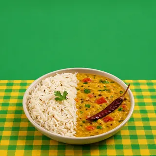 A bowl of dal chawal, featuring yellow lentil curry and cumin rice, is placed on a yellow and green checkered tablecloth against a solid green background.