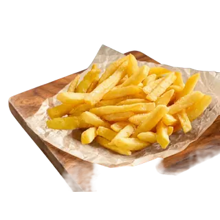A pile of golden-brown french fries sprinkled with salt, served on parchment paper on a wooden board against a solid grey background.