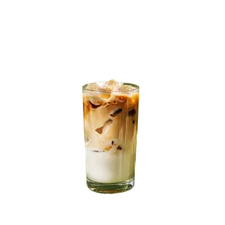 A tall glass of iced latte with swirling layers of milk and coffee, filled with ice cubes, isolated on a solid grey background.