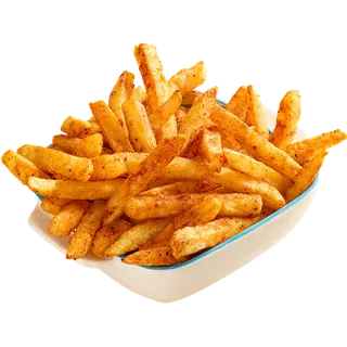 A bowl of seasoned french fries isolated on a solid grey background.