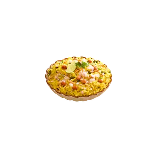 A bowl of yellow poha garnished with peanuts, chopped onions, sev, coriander, and a lime wedge, isolated on a grey background.