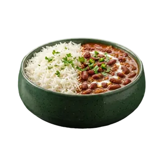 A green bowl filled with white rice garnished with cilantro on one side and red kidney bean curry topped with cream and green chilies on the other, set against a plain grey background.