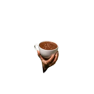 A hand holding a white mug filled with hot chocolate topped with chocolate shavings, isolated against a solid grey background.