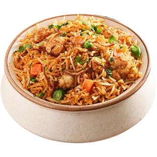A bowl of vegetable biryani garnished with fried onions, carrots, green beans, and fresh coriander, isolated on a grey background.